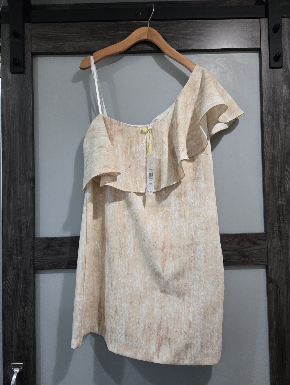 NWT BCBGeneration One Shoulder Ruffle Tan Cognac Multi Mini Dress Size 12